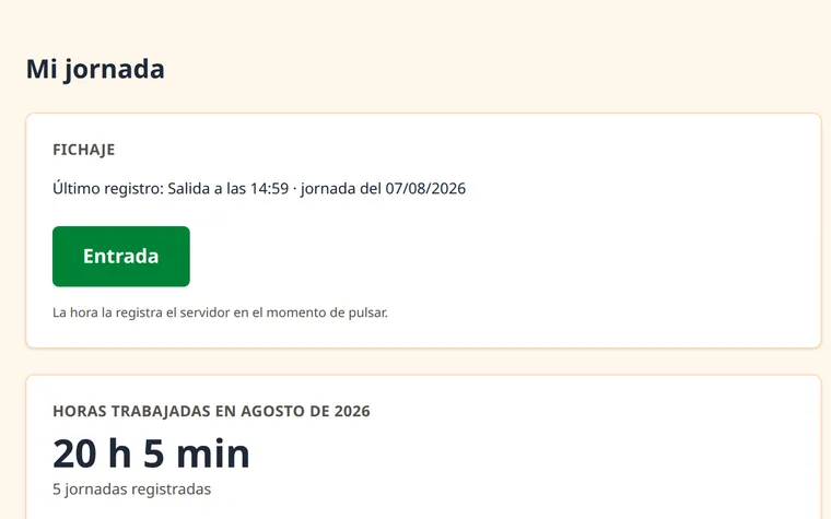 The «My working day» screen with a large clock-in button and, below it, the hours worked so far this month.