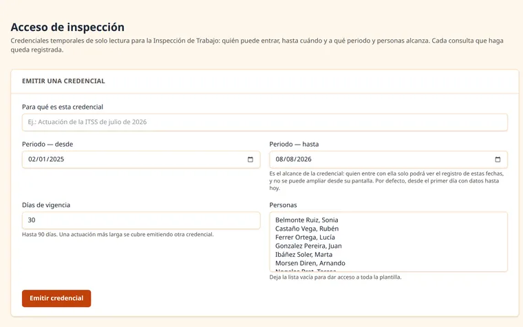 The live inspection credentials, each with the period it covers, when it expires and a button to revoke it.