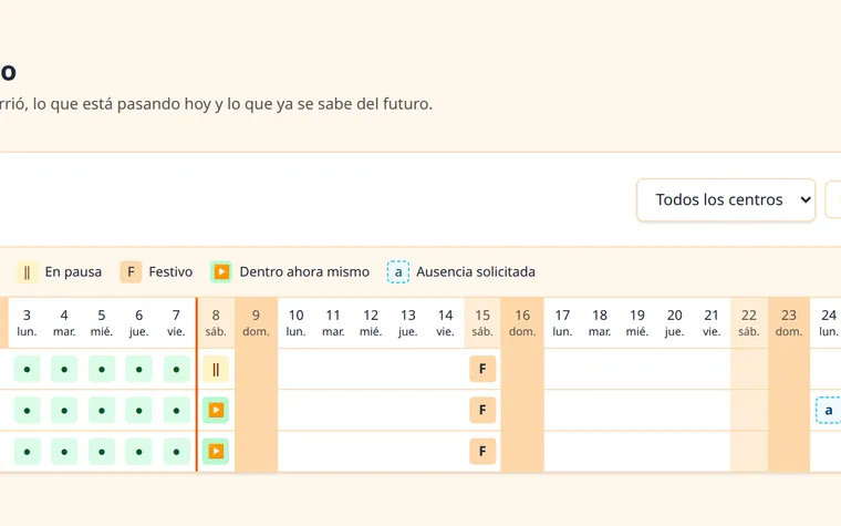 A grid with one row per person and one column per day of the month: full days, public holidays, today marked with a line, and an absence already requested in the future.